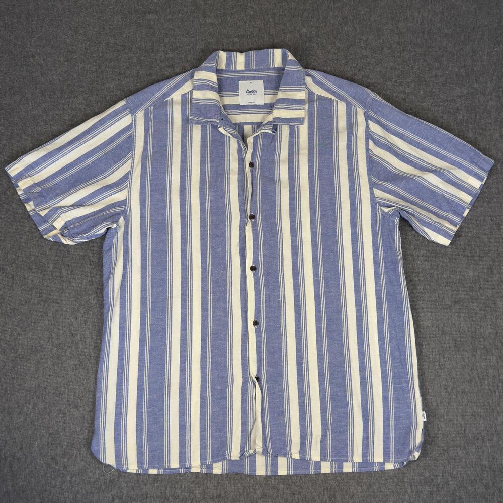 Katin Shirt Mens XL Blue Stripe Short Sleeve Button Up Linen Cotton Casual